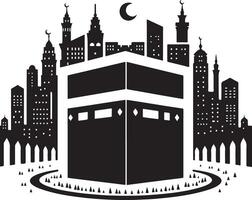 Ramadan and Eid, Kaaba in the middle of the city with a mosque and a city skyline vector
