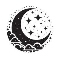 a black and white illustration of a crescent with stars and clouds vector