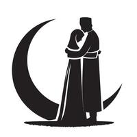 the silhouette of a man and woman hugging in front of a crescent moon vector