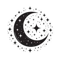 a black and white illustration of a crescent with stars vector