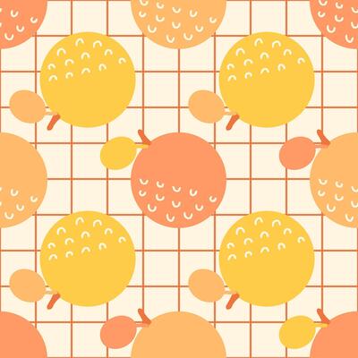 Sweet oranges fruits seamless pattern on geometric checkered background. Perfect art print for banner, card, textile, fabric, paper, sale. Hand drawn illustration.