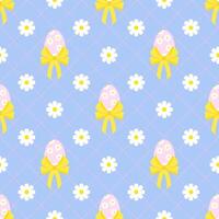 Seamless pattern of pastel Easter eggs with bows and diagonal lines with daisy flowers on a blue background vector