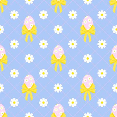 Seamless pattern of pastel Easter eggs with bows and diagonal lines with daisy flowers on a blue background