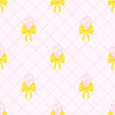 Seamless pattern of pastel Easter eggs with bows and diagonal lines on a pink background