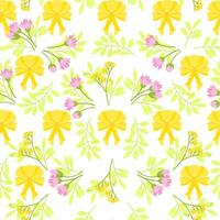 Seamless pattern of yellow bows and small flowers with leaves on a white background vector