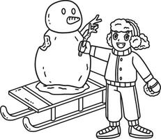 Sledding Girl Building a Snowman Isolated Coloring vector