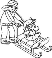 Sledding Girl Pushing Sled with a Doll Isolated vector