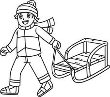 Sledding Boy Dragging a Sled Isolated Coloring vector