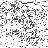 Sledding Girl Pushing Sled with a Doll Coloring vector