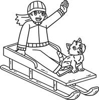 Sledding Girl with a Cat Isolated Coloring Page vector