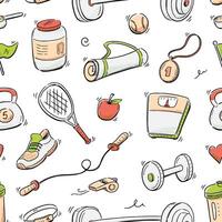A seamless pattern with various fitness items vector