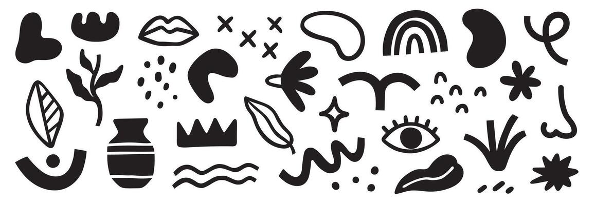 A set of black and white doodles on a white background