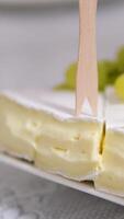 cheese with white mold Brie and grapes served with honey in a restaurant On a square plate with wooden skewers tasty delicacy expensive video