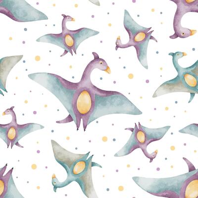 Dinosaurs and colorful dots. Hand drawn watercolor seamless pattern of Pterodactyl. Background cute baby dino for design kid's goods, scrapbook, clothes, textile, linen