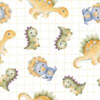 Cute colorful dinosaurs on checkered background. Hand drawn watercolor seamless pattern of Centrosaurus. Surface design of baby dino for design kid's goods, scrapbook, clothes, textile, linen vector