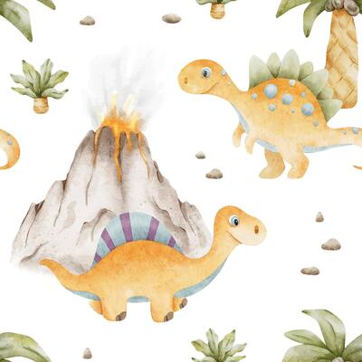 Orange dinosaurs, erupting volcano, stones and palm leaves. Hand drawn watercolor seamless pattern of Centrosaurus. Background cute baby dino for design kid's goods, scrapbook, clothes, textile, linen