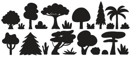 Tree black silhouettes set. Trees, bushes and grass. Flat illustration isolated on white background. vector