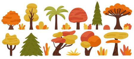 Various plants isolated on white background. Autumn set with trees bushes and grass. Botanical collection of orange trees. Flat illustration on white background vector