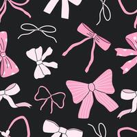 Seamless pattern with different pink flat bows. Ribbons on black background. Cute design for fabric, wrapping paper. vector