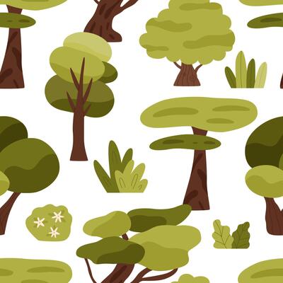 Summer forest seamless pattern. Flat print on white background.