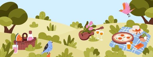 Spring picnic background. Food, picnic basket, blanket spread on the grass. Flat illustration. vector