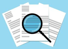Magnifying glass inspecting business or financial documents, Paying bills or personal accounts example, file management or document archive concept vector