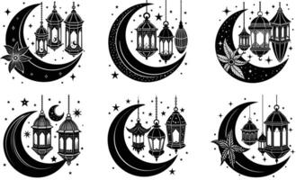 Crescent moons lanterns and festive elements set vector