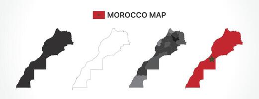 Detailed Morocco Map Collection with Outline, Silhouette, Regions, and Flag Overlay Variations vector
