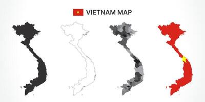Detailed Vietnam Map Collection with Outline, Silhouette, Provinces, and Flag Overlay Variations vector