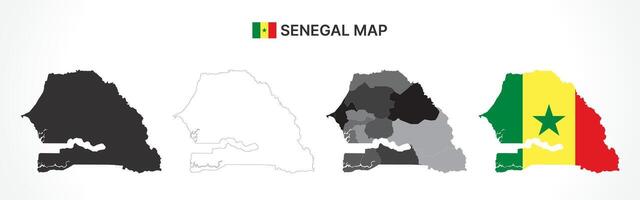 Detailed Senegal Map Collection with Outline, Silhouette, Regions, and Flag Overlay Variations vector
