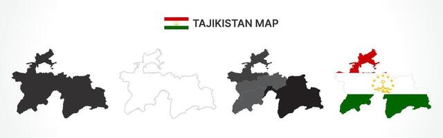 Detailed Tajikistan Map Collection with Outline, Silhouette, Regions, and Flag Overlay Variations vector