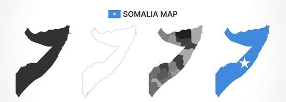 Detailed Somalia Map Collection with Outline, Silhouette, Regions, and Flag Overlay Variations vector