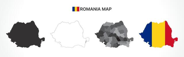 Detailed Romania Map Collection with Outline, Silhouette, Counties, and Flag Overlay Variations vector