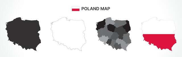 Detailed Poland Map Collection with Outline, Silhouette, Voivodeships, and Flag Overlay Variations vector