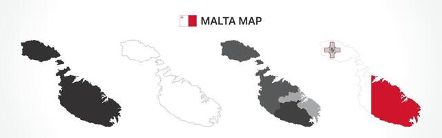 Detailed Malta Map Collection with Outline, Silhouette, Regions, and Flag Overlay Variations vector
