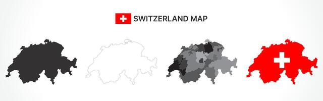 Detailed Switzerland Map Collection with Outline, Silhouette, Cantons, and Flag Overlay Variations vector