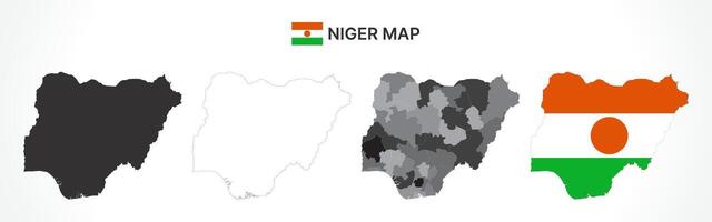 Detailed Niger Map Collection with Outline, Silhouette, Regions, and Flag Overlay Variations vector