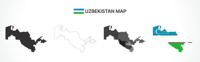 Detailed Uzbekistan Map Collection with Outline, Silhouette, Regions, and Flag Overlay Variations vector