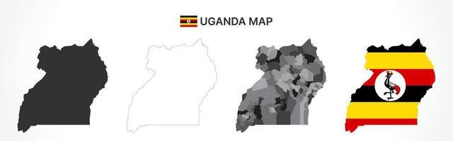 Detailed Uganda Map Collection with Outline, Silhouette, Regions, and Flag Overlay Variations vector