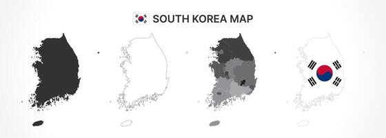 Detailed South Korea Map Collection with Outline, Silhouette, Provinces, and Flag Overlay Variations vector