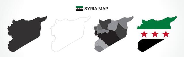 Detailed Syria Map Collection with Outline, Silhouette, Governorates, and Flag Overlay Variations vector