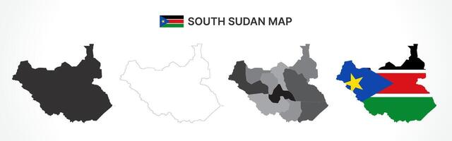 Detailed South Sudan Map Collection with Outline, Silhouette, States, and Flag Overlay Variations vector