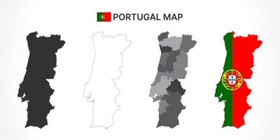 Detailed Portugal Map Collection with Outline, Silhouette, Districts, and Flag Overlay Variations vector