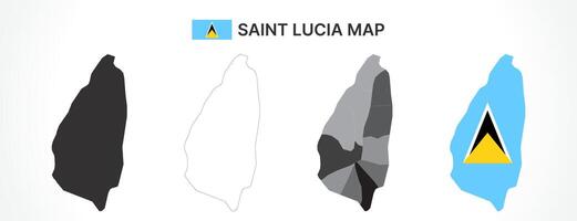 Detailed Saint Lucia Map Collection with Outline, Silhouette, Districts, and Flag Overlay Variations vector