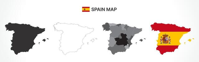 Detailed Spain Map Collection with Outline, Silhouette, Autonomous Communities, and Flag Overlay Variations vector