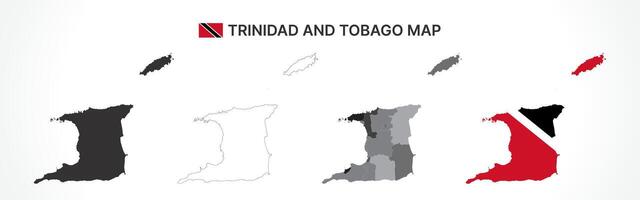 Detailed Trinidad and Tobago Map Collection with Outline, Silhouette, Regions, and Flag Overlay Variations vector