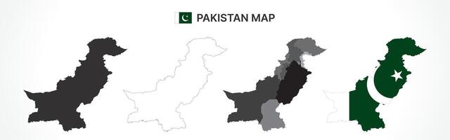 Detailed Pakistan Map Collection with Outline, Silhouette, Provinces, and Flag Overlay Variations vector