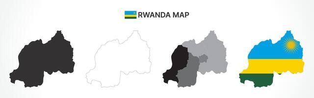 Detailed Rwanda Map Collection with Outline, Silhouette, Provinces, and Flag Overlay Variations vector