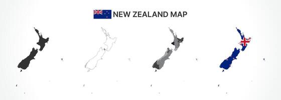 Detailed New Zealand Map Collection with Outline, Silhouette, Regions, and Flag Overlay Variations vector