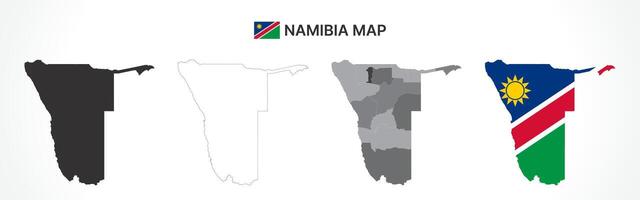 Detailed Namibia Map Collection with Outline, Silhouette, Regions, and Flag Overlay Variations vector